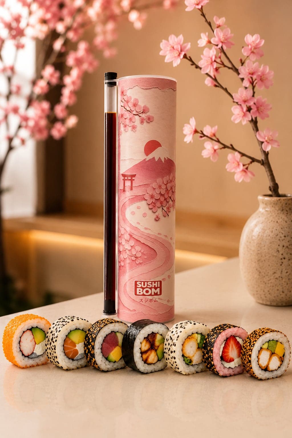 El tubo Sushi Bom con soja y nuestra selección de rolls