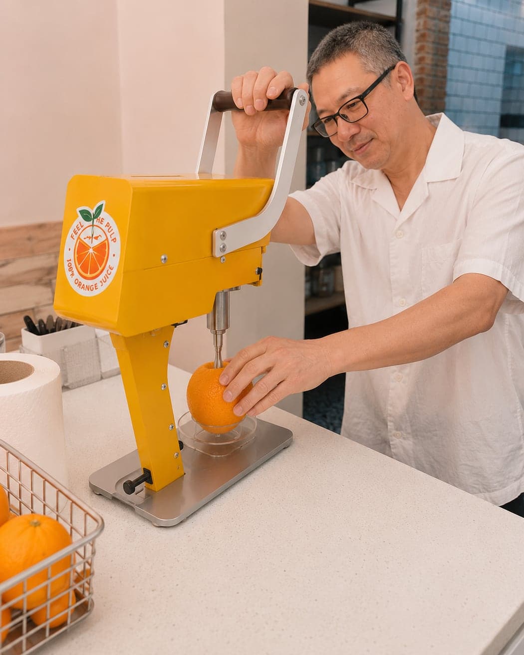 Nuestro equipo exprimiendo zumo de naranja natural